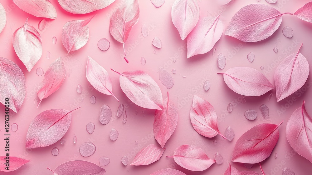 Pink leaves and water droplets on pastel surface creating a soft, dreamy pattern Pink leaves and water droplets on pastel surface creating a soft, dreamy pattern