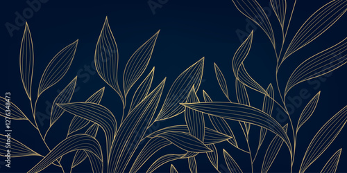 Vector art deco leaves pattern, line floral luxury background. Vintage wave plant modern ornament, graphic jungle fancy illustration