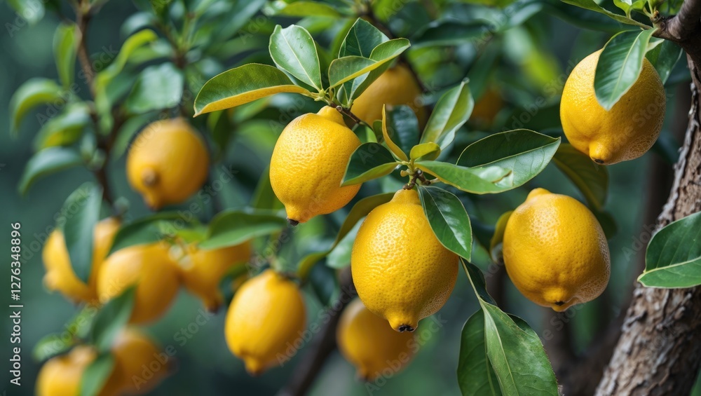 Fresh ripe lemons hanging on a lemon tree branch surrounded by green leaves in a garden setting. Fresh ripe lemons hanging on a lemon tree branch surrounded by green leaves in a garden setting.