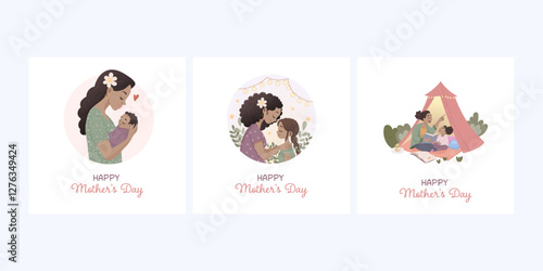 Mother's Day. A set of cards. Dark-skinned woman, mother, girl and newborn baby.