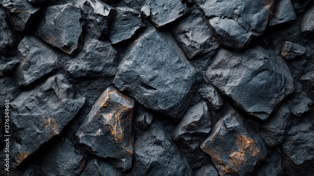 Close-up of rugged basalt rocks with intricate patterns and subtle orange highlights