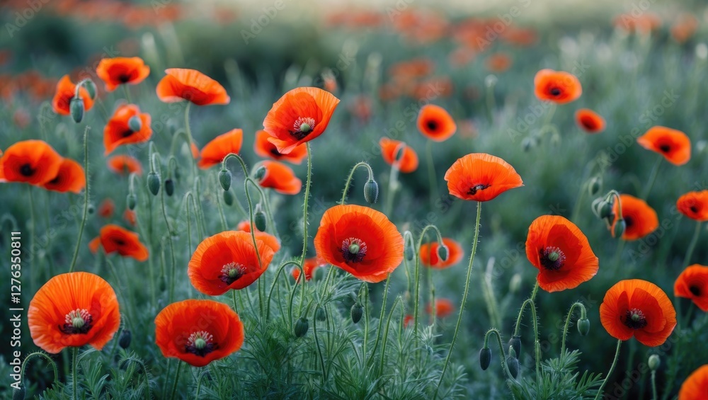 Obraz premium Field of vibrant red poppy flowers in full bloom surrounded by green foliage under natural sunlight.
