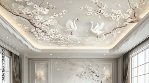 Fototapeta Naklejka Na Ścianę i Meble -  Elegant ceiling mural with swans and cherry blossoms in luxurious living room setting