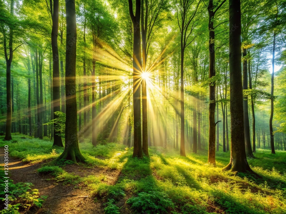 Fototapeta premium Sunrays Illuminate Forest: Natural Energy, Long Exposure Photography