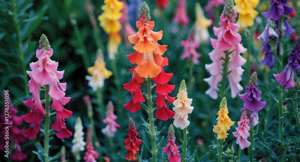 Obraz premium Colorful collection of blooming snapdragon flowers in various shades including pink, red, orange, yellow, and purple in a garden setting.