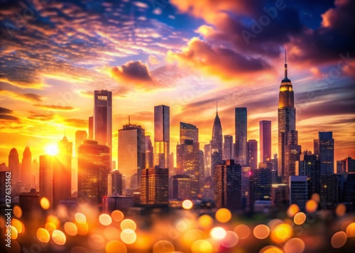 Sunset Cityscape: Geometric Bokeh Skyscrapers Stock Photo