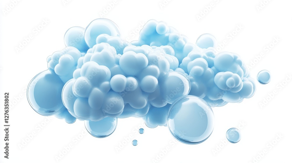 Soft, cloud-like blue bubbles floating against a white background