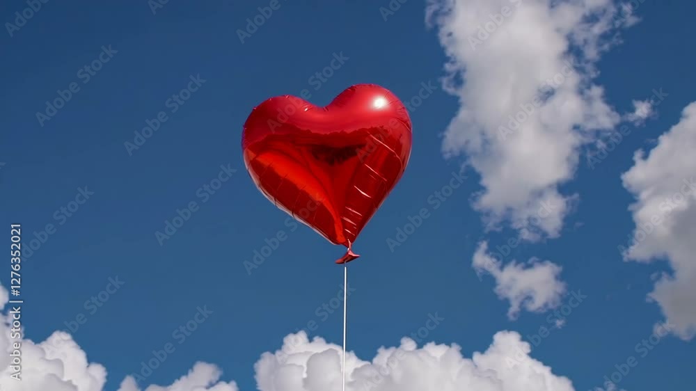 Red heart-shaped balloon against cloudy blue sky, whimsical and romantic concept