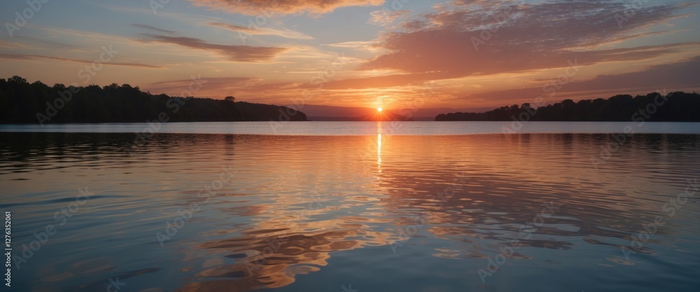 Sunset over calm lake water with reflections and colorful clouds in the sky during dusk supporting a tranquil natural landscape scene Sunset over calm lake water with reflections and colorful clouds in the sky during dusk supporting a tranquil natural landscape scene