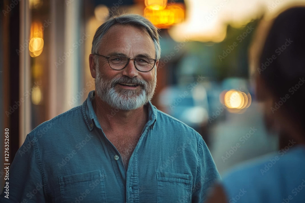 Smiling man with glasses and beard. Talking to someone on a summer night street with cars and storefronts in the background. Smiling man with glasses and beard. Talking to someone on a summer night street with cars and storefronts in the background.