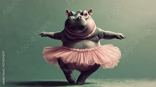 A digitally illustrated hippo wearing a tutu, trying to do ballet with an exaggerated serious expression. photo