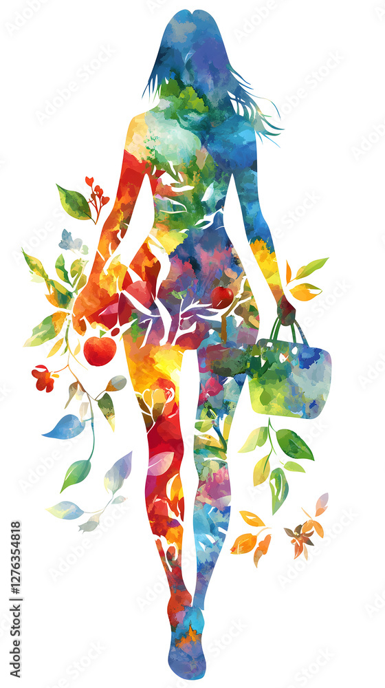 Obraz premium A woman's silhouette in full body, with an artistic watercolor effect 