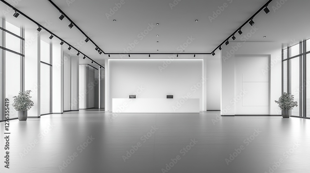 Minimalist empty office lobby with modern decor and large windows Minimalist empty office lobby with modern decor and large windows