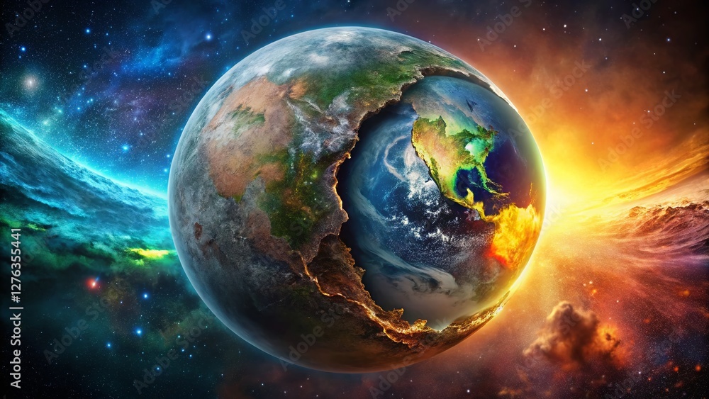 Fototapeta premium Surreal Half-Eaten Earth & Planet: Cosmic Consumption Stock Photo