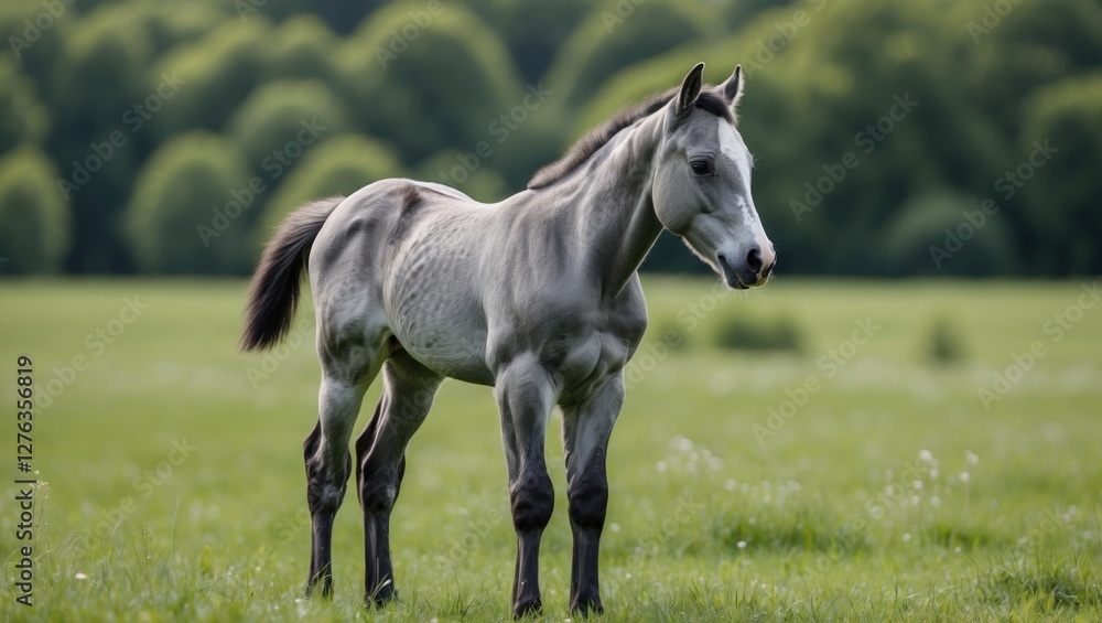 Gray horse standing in lush green field with trees in background on a sunny day Gray horse standing in lush green field with trees in background on a sunny day