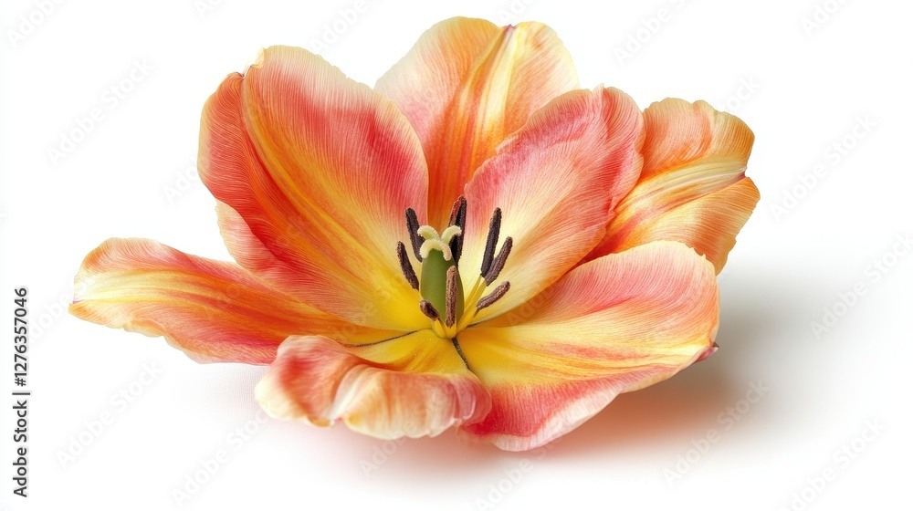 Close-up of vibrant orange and yellow tulip flower on white background Close-up of vibrant orange and yellow tulip flower on white background