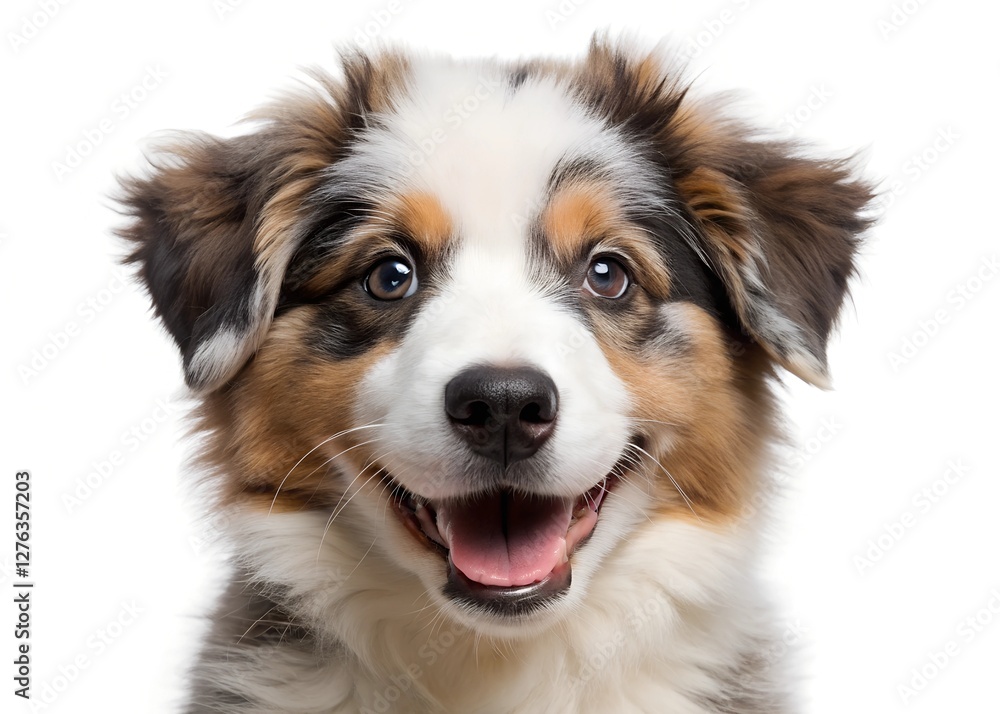 A handsome Australian Shepherd dog sits patiently on a clean white background A handsome Australian Shepherd dog sits patiently on a clean white background