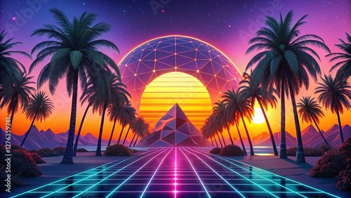 Synthwave Sunset: Palm Trees, Retro Sculpture & Futuristic Landscape