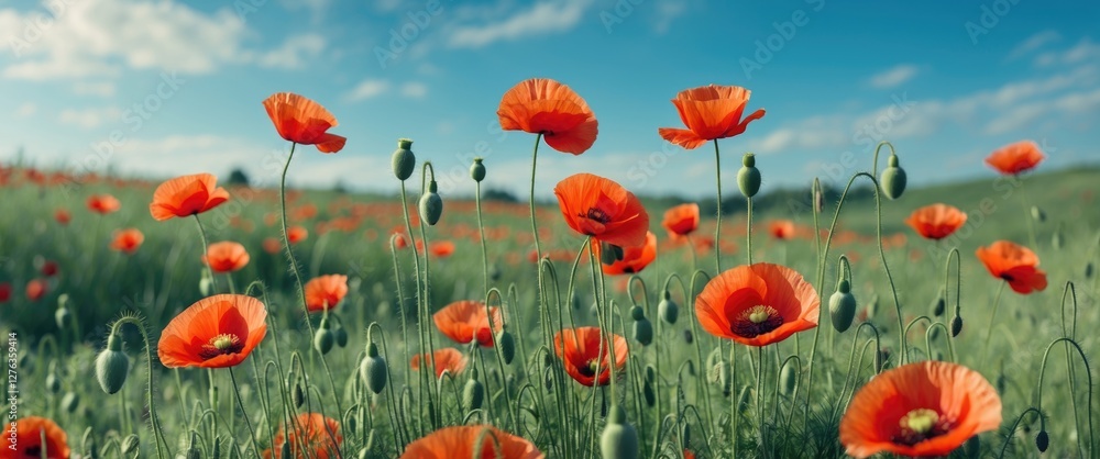 Obraz premium Vibrant field of red poppy flowers under a clear blue sky with green grass and buds in a picturesque landscape setting