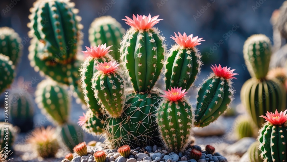 Cacti with pink flowers growing on a rocky surface in natural sunlight during daytime in a desert environment Cacti with pink flowers growing on a rocky surface in natural sunlight during daytime in a desert environment