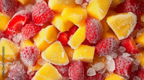  Close-up of frozen strawberries and mango chunks resting on ice. The frosty texture and vibrant colors highlight freshness, making them perfect for smoothies, desserts, and healthy snacks
