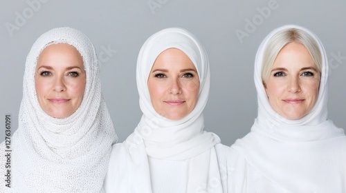 Three women in white headscarves, neutral background, portrait photo