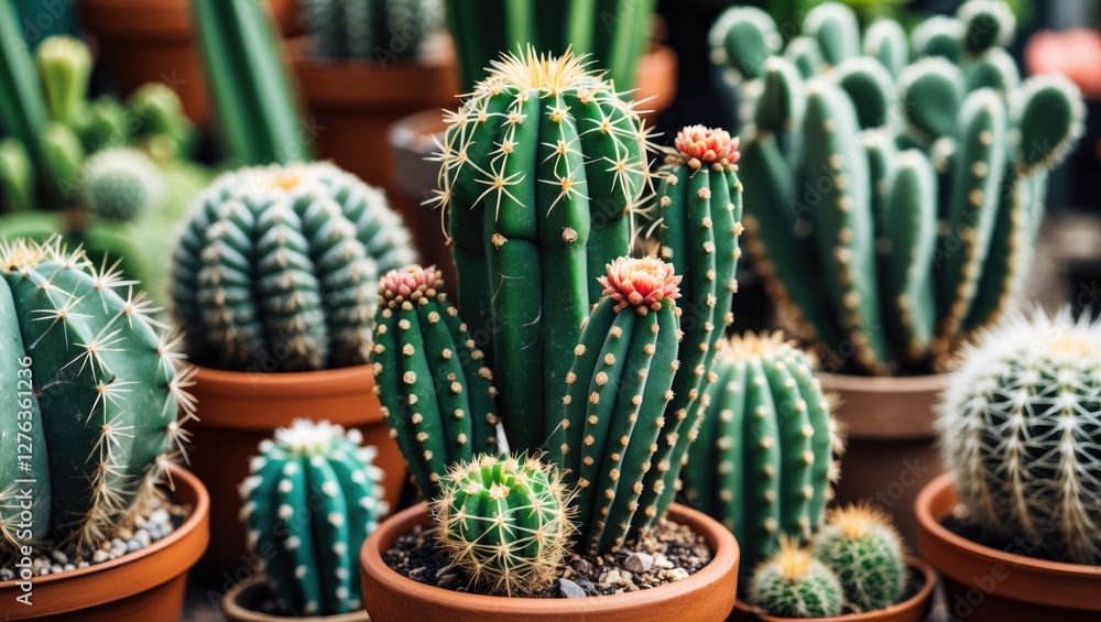 Variety of cacti in pots arranged in a greenhouse setting showcasing different shapes and sizes with spines and vibrant colors. Variety of cacti in pots arranged in a greenhouse setting showcasing different shapes and sizes with spines and vibrant colors.