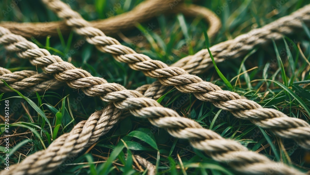 Fototapeta premium Close-up of intertwined natural ropes on green grass surface in outdoor setting.