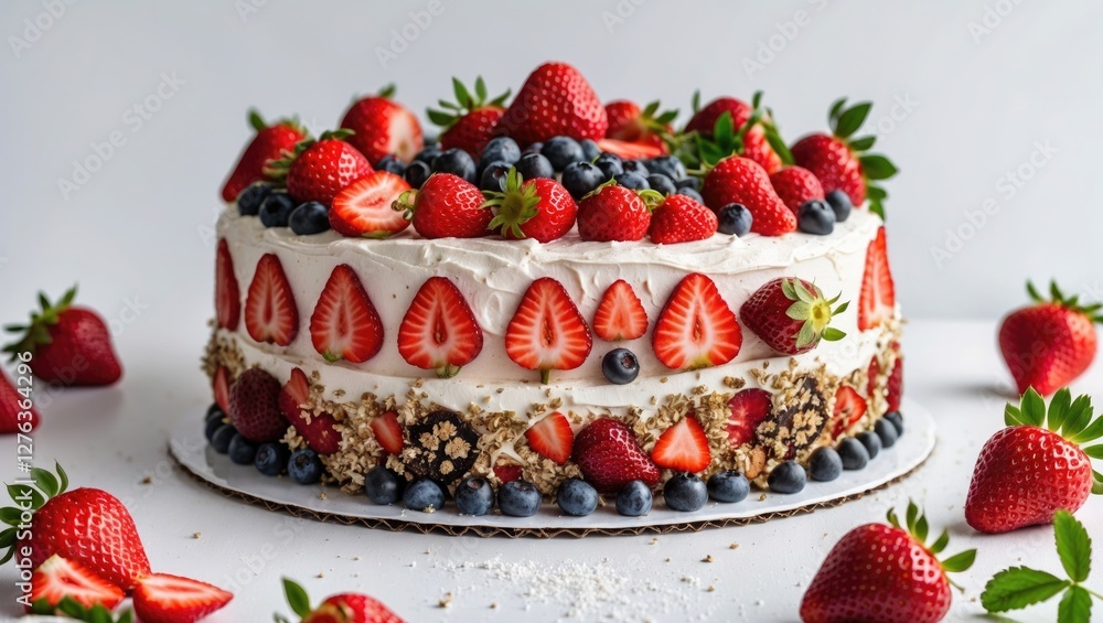 Layered cake decorated with strawberries and blueberries on a white background with surrounding fresh strawberries and greenery. Layered cake decorated with strawberries and blueberries on a white background with surrounding fresh strawberries and greenery.