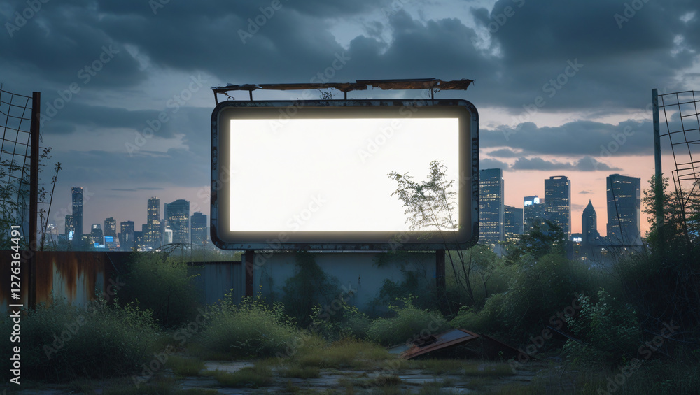 Large blank billboard middle city night is illuminated horizontal advertising Large blank billboard middle city night is illuminated horizontal advertising