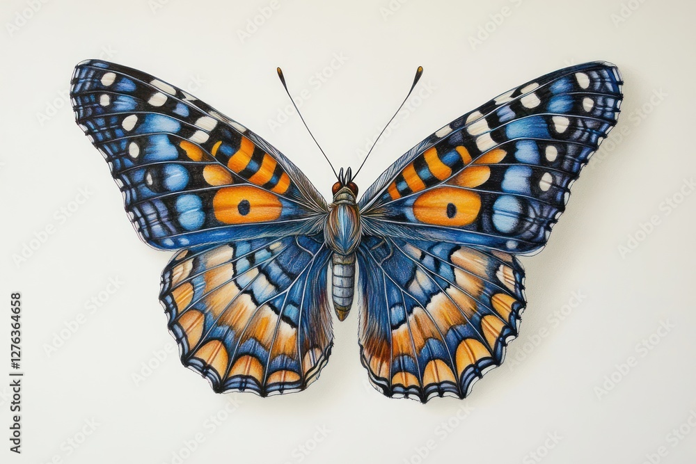 Fototapeta premium Blue butterfly artwork, studio shot, white background, nature design.