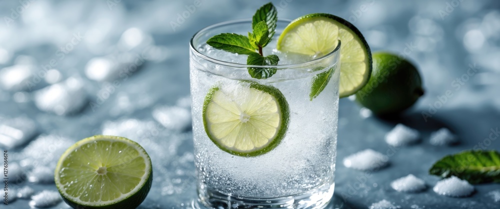 Fototapeta premium Refreshing cocktail glass with lime slices, mint leaves, and ice cubes on a blue background