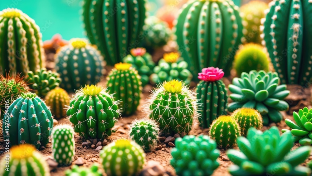 Diverse assortment of cacti and succulent plants in a well-maintained desert garden setting Diverse assortment of cacti and succulent plants in a well-maintained desert garden setting