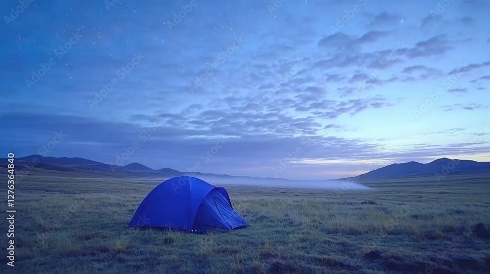 Blue Tent Under Starry Sky in Serene Mountain Landscape at Dusk Blue Tent Under Starry Sky in Serene Mountain Landscape at Dusk