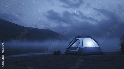 Serene Night Camping Scene by the Lake Under Starry Sky