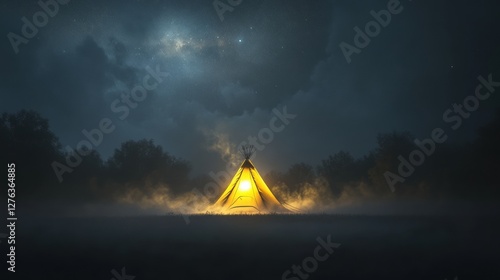 Glowing Tent Under Starry Sky in Mystical Forest Setting at Night