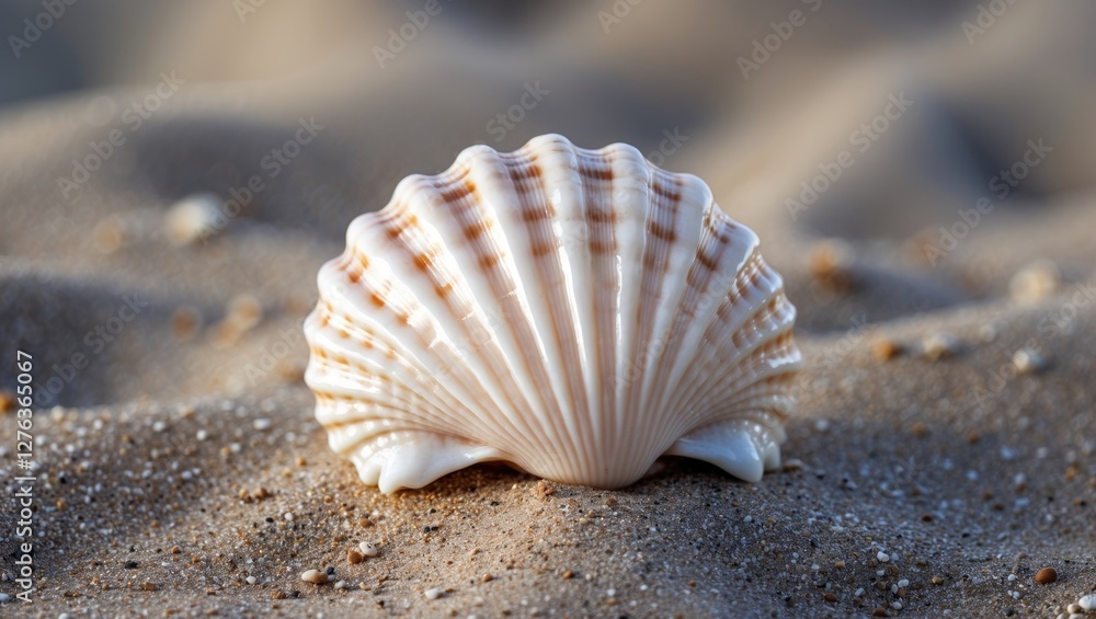 Close-up of a scallop shell on sandy beach with soft focus background and small pebbles visible in the sand Close-up of a scallop shell on sandy beach with soft focus background and small pebbles visible in the sand