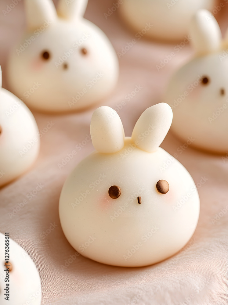 Cute bunny-shaped Japanese sweet buns with delicate features and chocolate details, arranged on a soft pink fabric. Aesthetic and whimsical dessert presentation. Kawaii style. Homemade baking Cute bunny-shaped Japanese sweet buns with delicate features and chocolate details, arranged on a soft pink fabric. Aesthetic and whimsical dessert presentation. Kawaii style. Homemade baking
