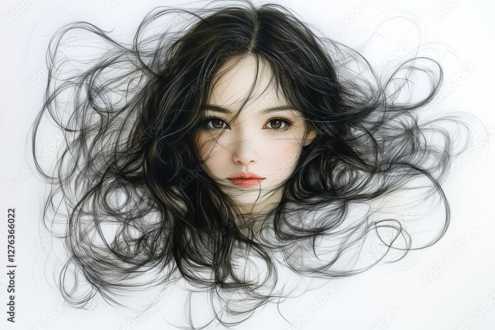Naklejka premium Portrait of a woman with flowing black hair and an expressive gaze capturing a sense of beauty and serenity in a minimalist style