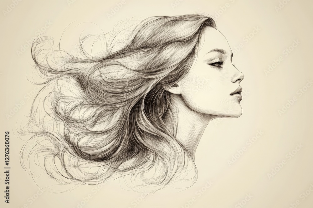 Artistic sketch of a woman with flowing hair against a soft background showcasing movement and grace Artistic sketch of a woman with flowing hair against a soft background showcasing movement and grace
