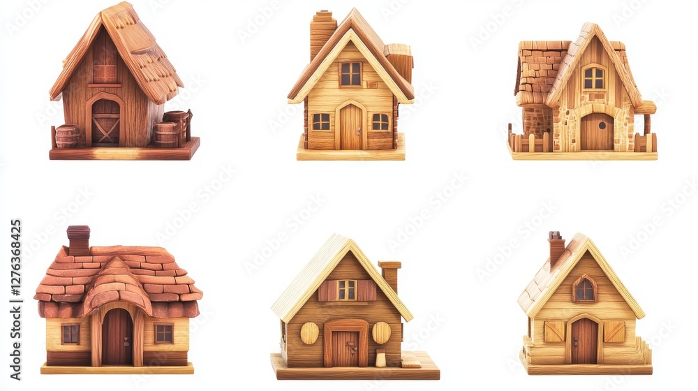 A set of icons. Wooden houses. Housing in the game town. Isolated on a white background A set of icons. Wooden houses. Housing in the game town. Isolated on a white background