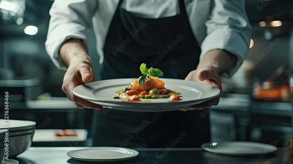 Professional Chef Presenting Gourmet Dish in Fine Dining Restaurant Professional Chef Presenting Gourmet Dish in Fine Dining Restaurant