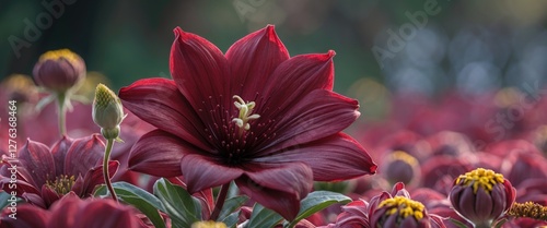 Red flower in a vibrant floral garden with buds and green leaves in soft natural sunlight.