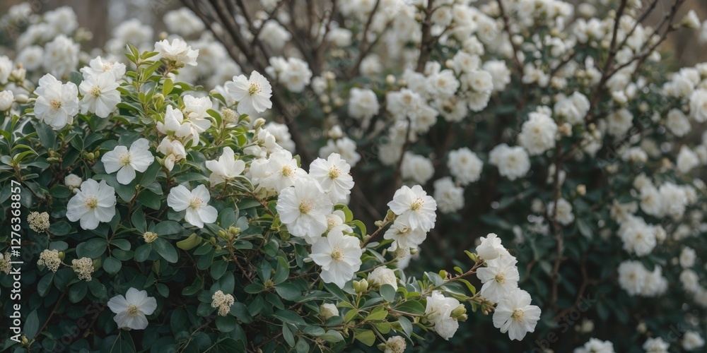 White flowering shrubs in full bloom with lush green foliage in a garden setting during daylight. White flowering shrubs in full bloom with lush green foliage in a garden setting during daylight.