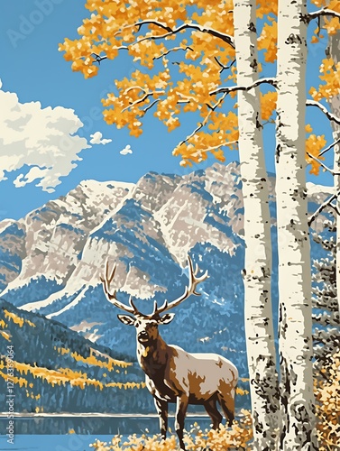 Autumn Elk by Lake, Mountains, Aspen Trees