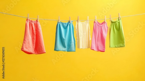 Wallpaper Mural Colorful clean clothes are drying on a clothesline on a yellow background Torontodigital.ca