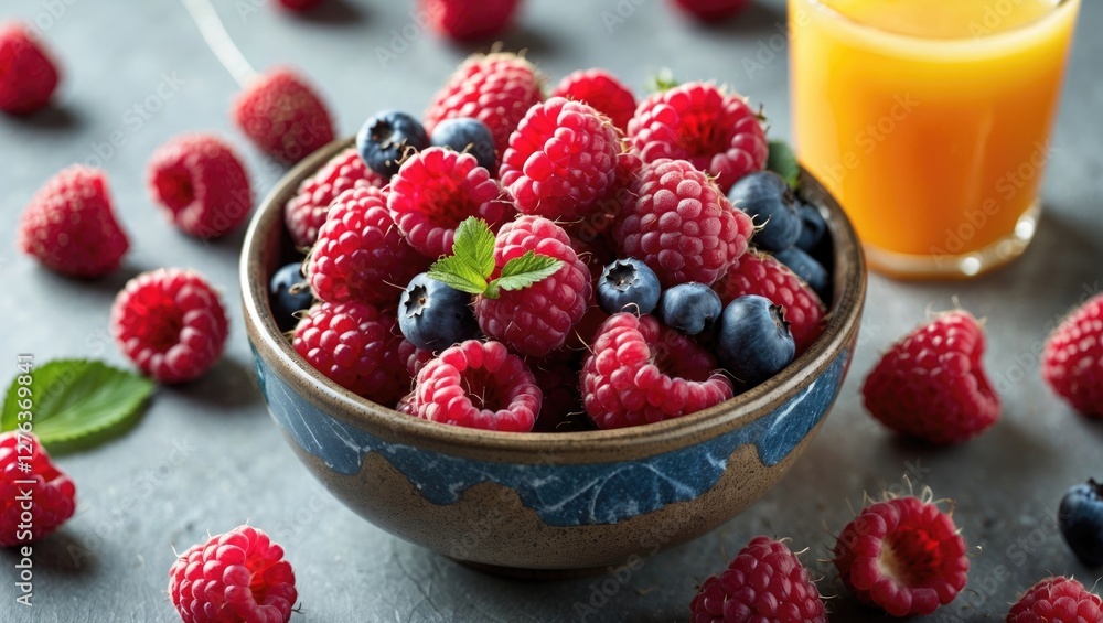 Fresh raspberries and blueberries in a decorative bowl with orange juice on a tabletop, surrounded by scattered berries and mint leaves Fresh raspberries and blueberries in a decorative bowl with orange juice on a tabletop, surrounded by scattered berries and mint leaves