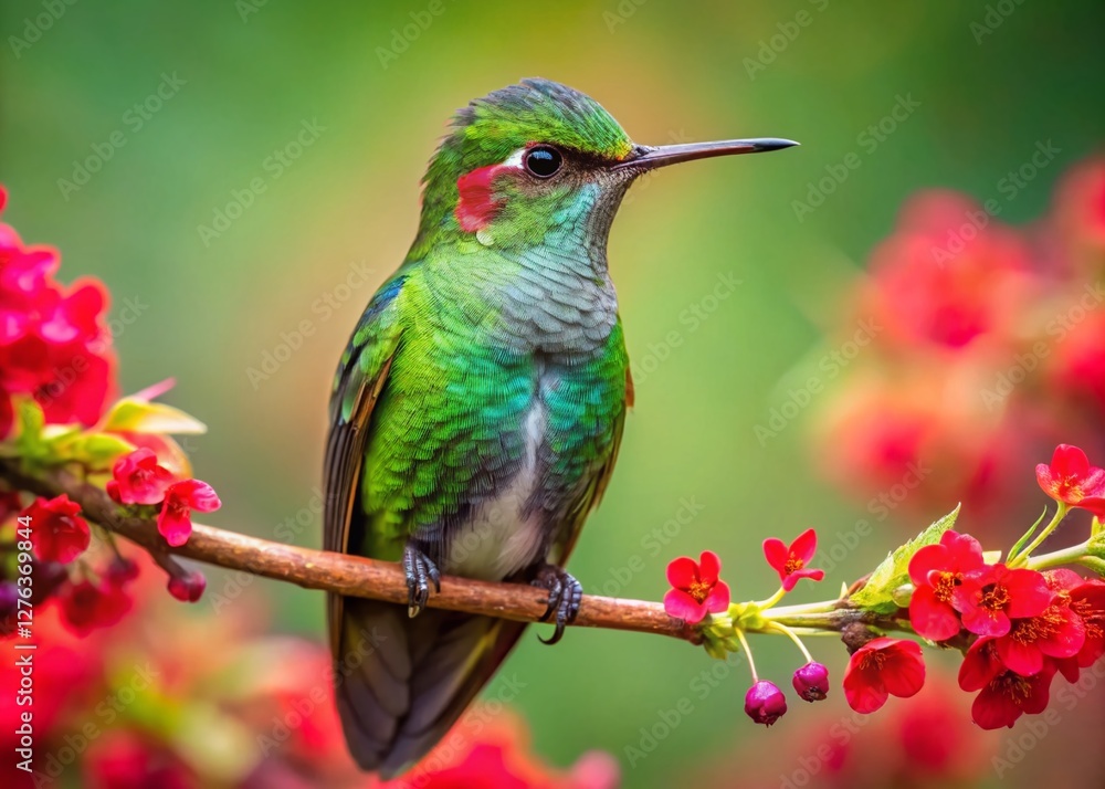Obraz premium Vibrant Green-backed Hummingbird on Dew-Kissed Red Blossoms - Portrait Photography