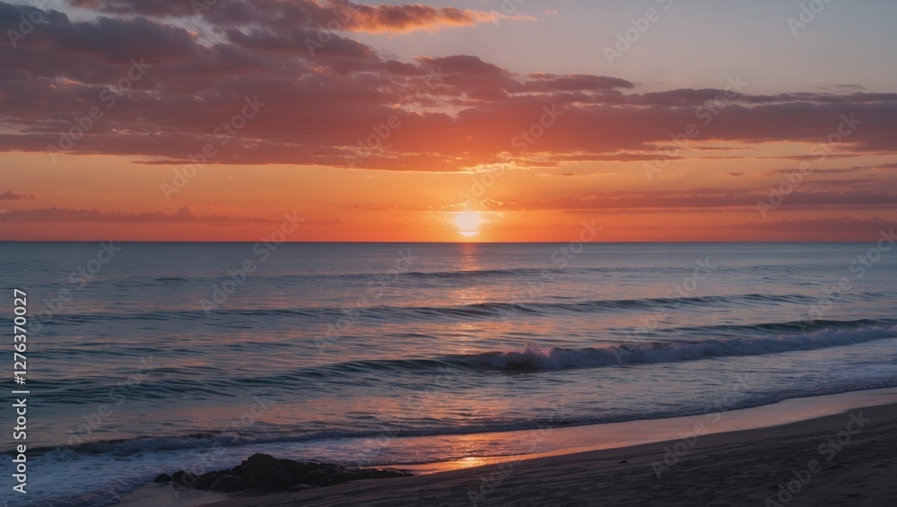 Sunset over calm ocean waves with colorful clouds reflecting on water surface at a sandy beach shoreline. Sunset over calm ocean waves with colorful clouds reflecting on water surface at a sandy beach shoreline.