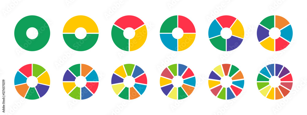 Donut charts, pies segmented on from 1 to 12 equal parts. Set of diagrams infographic multicoloured. Circle section graph icons. Pizza chart round layout. Wheel divided in sections. Loading bar mockup Donut charts, pies segmented on from 1 to 12 equal parts. Set of diagrams infographic multicoloured. Circle section graph icons. Pizza chart round layout. Wheel divided in sections. Loading bar mockup